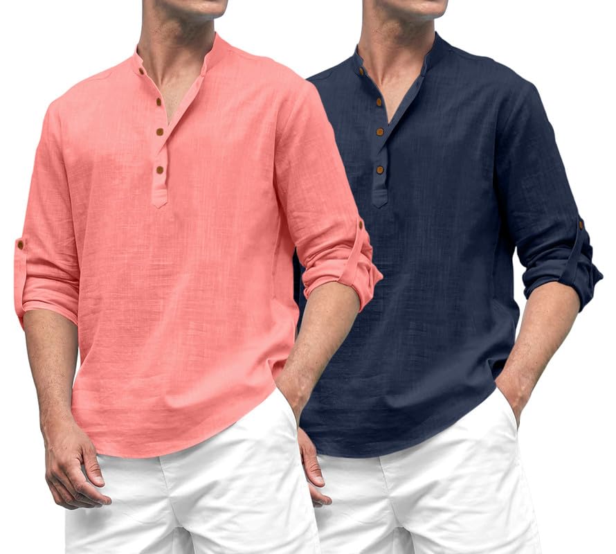 Royalscout Combo Of Men'S Solid Cotton Blend Full Sleeve Straight Kurta Shirt (Pack Of 2) Peach-Navy