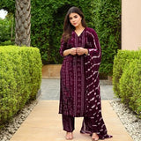 Gosriki Women'S Rayon Viscose Straight Bandhej Printed Kurta With Pant & Dupatta (Baghira Wine-Vks05-Gs_M_Wine_Medium),Wine,,B0F8Q98X7G