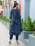 Anni Designer Women'S Cotton Blend Straight Printed Kurta With Pant & Dupatta (Thaka Blue_L_Blue_Large),Blue,L,Cotton Blend,Regular,Dupatta