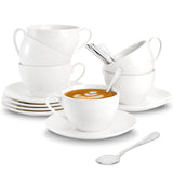 Foraineam Espresso Cups with Saucers and Spoons, 6 oz White Tea Cup Set, Porcelain Coffee Cup and Saucer Set with Stainless Stee