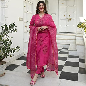 Gosriki Women'S Cotton Blend Kurta With Pant & Dupatta (Garden Pink_3Xl-Go_Pink_Xxx-Large),Pink,3,B0BBW2Z2XY