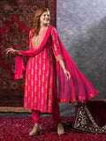 Anni Designer Women'S Cotton Blend Straight Printed Kurta With Pant & Dupatta (Ajapina Pink-Nw_S_Pink_Small),Pink,S,Cotton Blend,Regular,