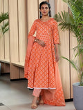 Libas Orange Pure Cotton Printed Kurta Sets For Women Orange 2Xl