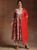 Libas Women Cotton Red Printed Anarkali Kurta Set With Trousers & Dupatta, Xs