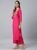 Anni Designer Women'S Cotton Blend Printed Straight Kurta With Pant & Dupatta (Khunti Pink_Xxl_Pink_Xx Large),Pink,2XL,Cotton Blend,Straight,Kurta, Scarf