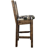 Montana Woodworks Homestead Collection Barstool With Upholstered Seat, Woodland Pattern, Laser Engraved Elk Design, Stained & La