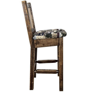 Montana Woodworks Homestead Collection Barstool With Upholstered Seat, Woodland Pattern, Laser Engraved Wolf Design, Stained & L