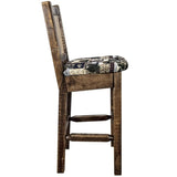 Montana Woodworks Homestead Collection Barstool With Upholstered Seat, Woodland Pattern, Laser Engraved Wolf Design, Stained & L