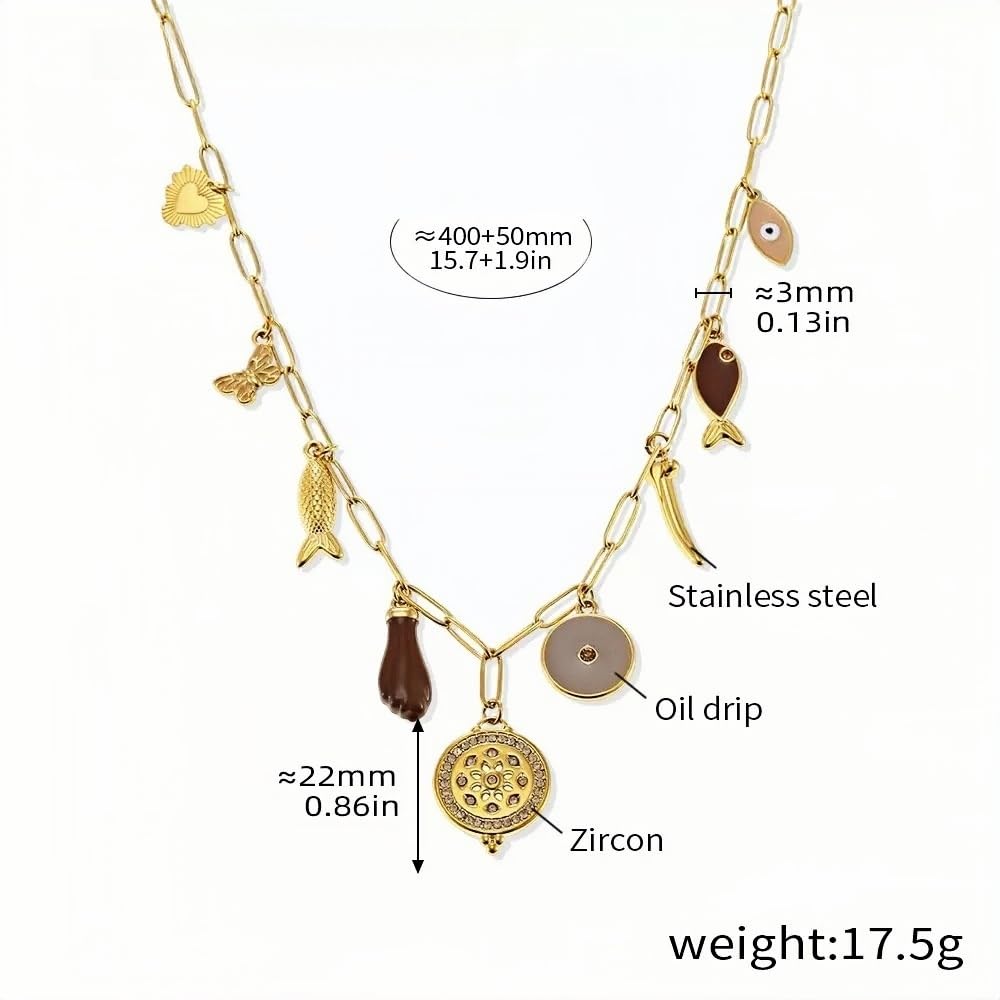 Boho Charm Necklace Gold Stainless Steel Chain with Oil Drip Accents & Zircon Multi-Charm Dangle Design Adjustable 15.7 + 1.9