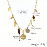Boho Charm Necklace Gold Stainless Steel Chain with Oil Drip Accents & Zircon Multi-Charm Dangle Design Adjustable 15.7 + 1.9