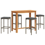 Vidaxl 5-Piece Patio Bar Set - Gray Poly Rattan And Solid Acacia Wood, Contemporary Outdoor Furniture With Cushions, Grey, 3295284