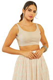 Soch Womens Net Shimmery Scoop-Neck Back-Open Sleeveless Blouse, Beige, S