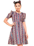 Oomph! Women'S Western & Fusion Wear Below Knee Shift Multicolor Dress In Crepe Fabric With Round Neck And Puff Sleeves - Md625X