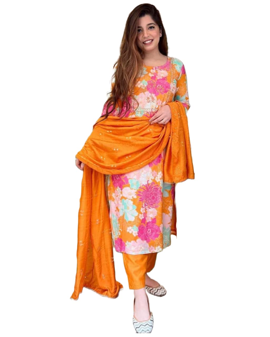 Anni Designer Women'S Cotton Blend Embroidered Floral Printed Straight Kurta With Pant & Dupatta (Litup-Orange_S_Orange_Small),Orange,S