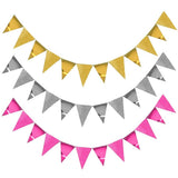 Pop the Party Gold, Silver & Pink Glitter Buntings Flags Garland Banners for Birthday, Anniversary Celebration Decoration (Pack