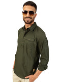 Thomas Scott Men Solid Cotton Linen Kurta Shirt (Ts1531_Dark Green, L)