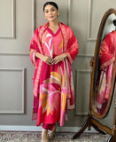 Anni Designer Women'S Cotton Blend Printed Straight Kurta With Pant & Dupatta (Tumari Pink_S_Pink_Small),Pink,S,Cotton Blend,Regular,Dupatta