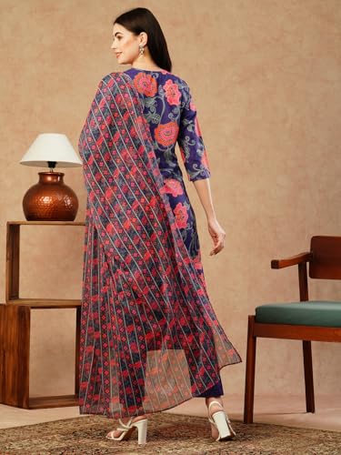 Anni Designer Women'S Cotton Blend Straight Printed Kurta With Pant & Dupatta (Fataki Begani-Nw_L_Violet_Large),Begani,L,Cotton Blend,Regular,