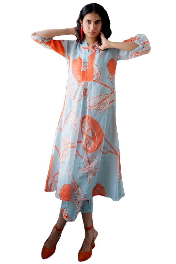 Anni Designer Women'S Cotton Blend Anarkali Printed Regular Fit Kurta With Pant (Santra Orange_S_Orange_Small),Orange,S