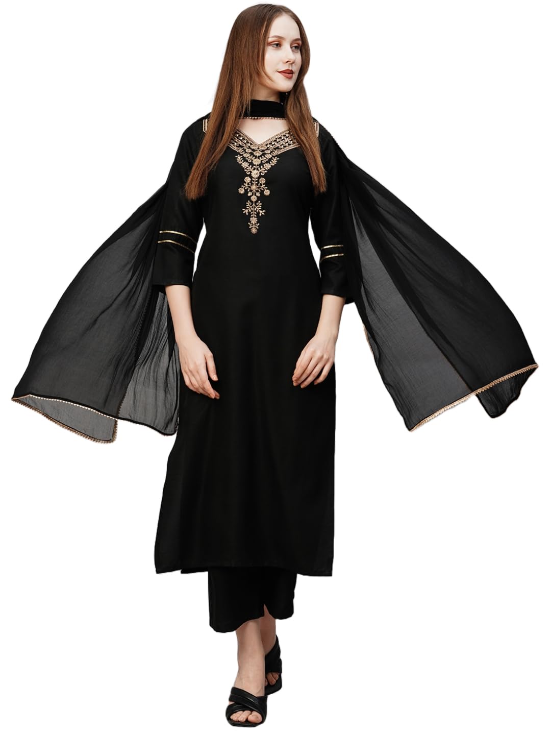 Gosriki Women'S Cotton Blend Floral Straight Kurta With Pant & Dupatta (Dacia-Gs_Black_X-Large),Black,,B0CGD61QZQ