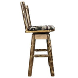Montana Woodworks Glacier Country Collection Barstool With Back & Swivel, Upholstered Seat, Woodland Pattern With Laser Engraved