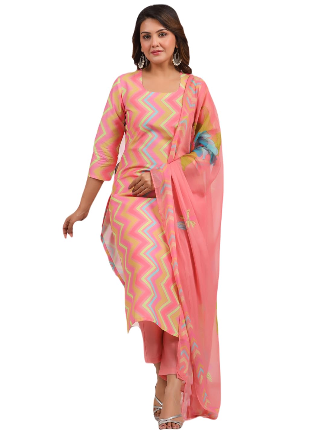 Gosriki Women'S Rayon Blend Printed Straight Kurta With Pant & Dupatta (Zaggu Pink-Nb-Gs_M_Pink_Medium),Pink,,B0CYGTKX6F