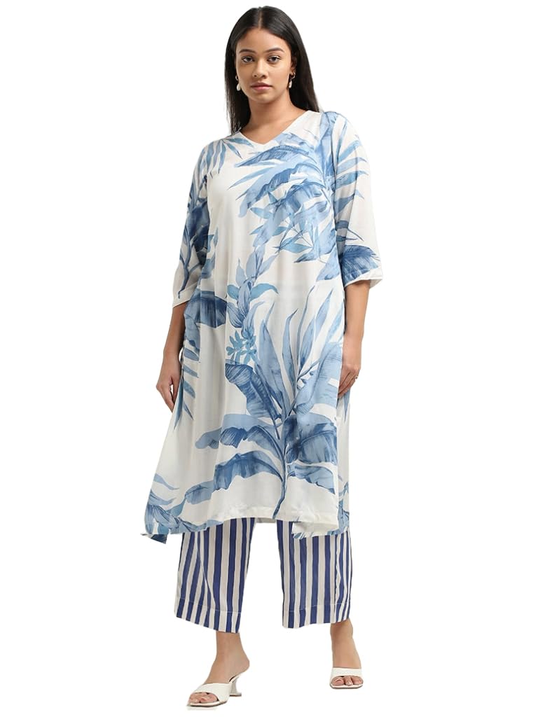 Anni Designer Women'S Cotton Blend Straight Printed Kurta With Palazzo (Rilaka Blue_M_Blue_Medium),Blue,M
