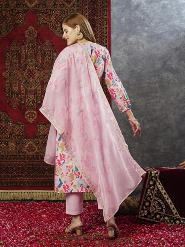 Anni Designer Women'S Rayon Blend Printed Straight Kurta With Pant & Dupatta (Maslin-Multi-Jl_Xxl_Peach_Xx-Large),Peach,2XL,Rayon Blend,Regular,