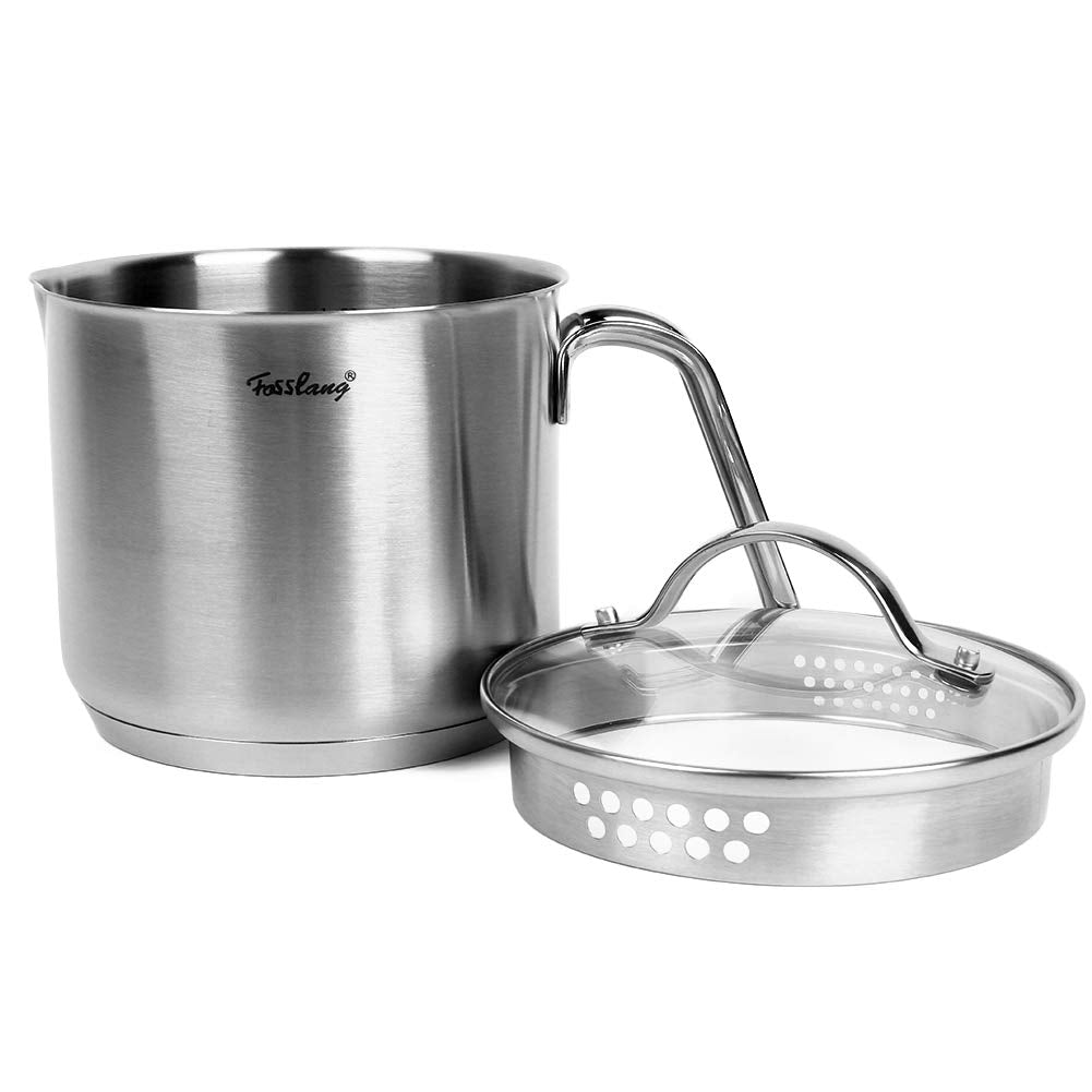 15 Quart Stainless Steel Saucepan with Pour Spout, Saucepan with glass Lid, 6 cups Burner Pot with Spout - for Boiling Milk, Sau