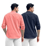 Royalscout Combo Of Men'S Solid Cotton Blend Full Sleeve Straight Kurta Shirt (Pack Of 2) Peach-Navy Peach-Navy L