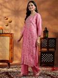 Libas Womens Woven Design Silk Blend Straight Kurta With Palazzos And Dupatta Pink Xl