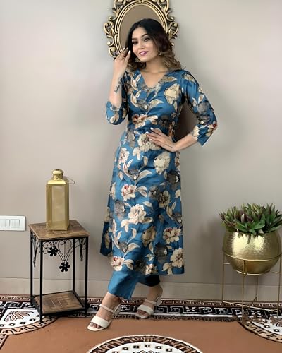 Anni Designer Women'S Cotton Blend Straight Printed Kurta With Pant (Dhun Cerosin_M_Dark Blue_Medium),Dark Blue,M,Rayon Blend,Straight,