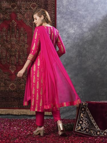 Anni Designer Women'S Cotton Blend Straight Printed Kurta With Pant & Dupatta (Ajapina Pink-Nw_Xxl_Pink_Xx-Large),Pink,2XL,Cotton Blend,Regular,