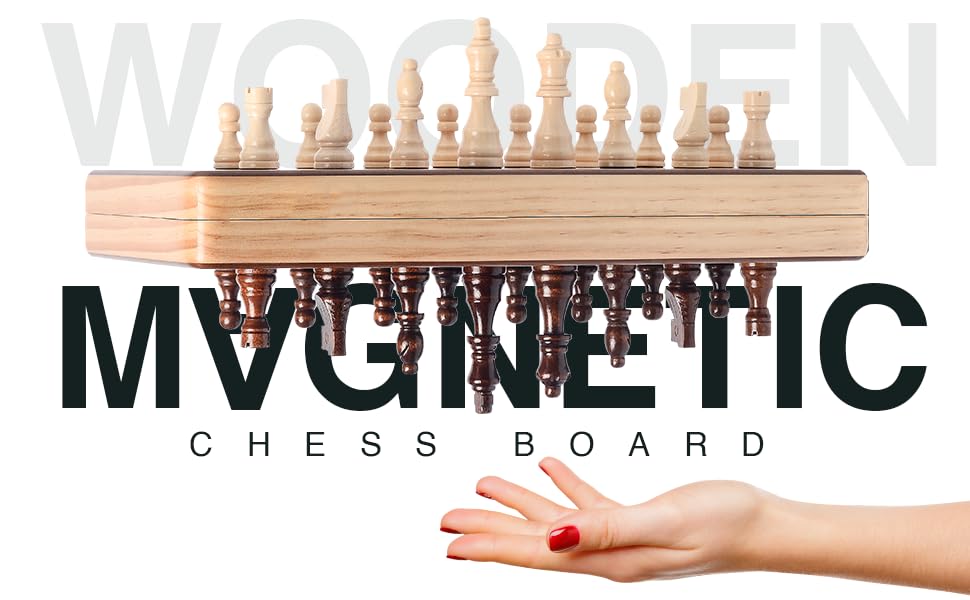 15 Inch Magnetic Wooden Chess Set for Adults & Kids - Folding Travel Chess Board with Handcrafted Staunton Pieces, Extra Queens,