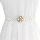 Syga WomenS Pearl Waist Chain With Golden Round Floral Pearl Crystal Buckle Stretchable Kamarband Suitable Size For Waist 24