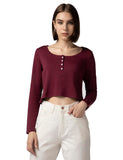 Fyltr Women'S Casual Scoop Neck Henley T-Shirt - Full Sleeves | Fitted Length,Berry Cherry,Berry Cherry,L