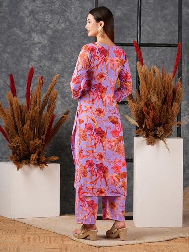 Anni Designer Women'S Cotton Blend Straight Printed Kurta With Palazzo (Chinki Purple_L_Purple_Large),Purple,L,Rayon Blend,Regular,