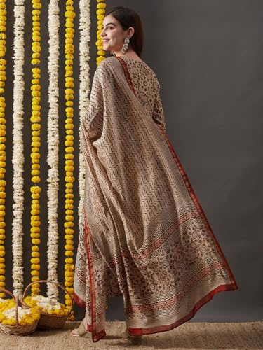 Anni Designer Women'S Cotton Blend Straight Printed Kurta With Pant & Dupatta (Kalpa Beige_S_Beige_Small),Beige,S,Cotton Blend,Regular,