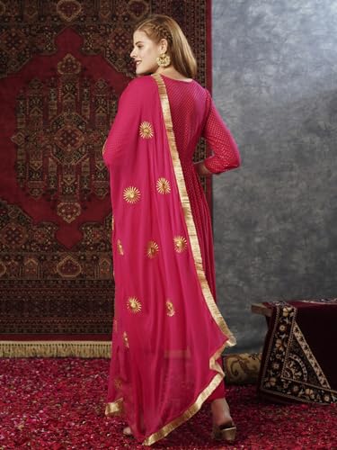 Anni Designer Women'S Cotton Blend Anarkali Printed Kurta With Pant & Dupatta (Shrinika Pink-Jl_Xxl_Pink_Xx-Large),Pink,2XL,Cotton Blend,Anarkali,