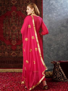 Anni Designer Women'S Cotton Blend Anarkali Printed Kurta With Pant & Dupatta (Shrinika Pink-Jl_Xxl_Pink_Xx-Large),Pink,2XL,Cotton Blend,Anarkali,