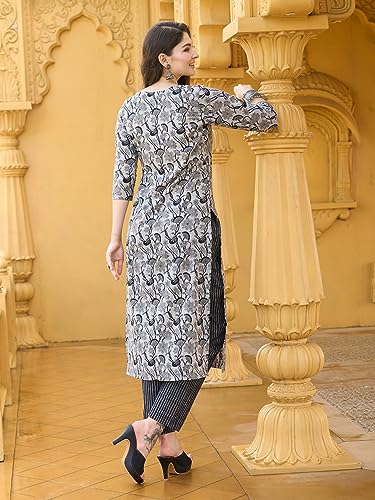 Anni Designer Women'S Cotton Blend Straight Printed Kurta With Pant (Civil-Grey_M_Grey_Medium),Grey,M,Cotton Blend,Regular,Kurta