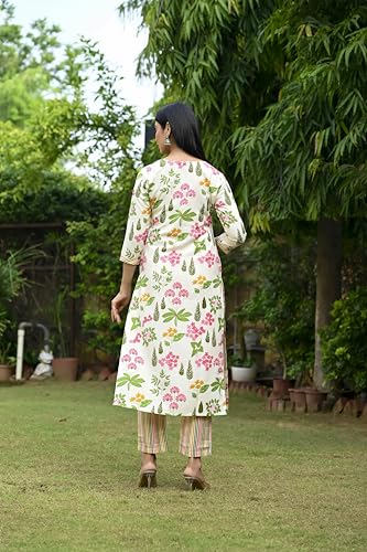 Anni Designer Women'S Rayon Blend Straight Printed Kurta With Pant & Dupatta (Kumud Cream-Vks03_M_Cream_Medium),Cream,M,Rayon Blend,Regular,