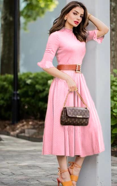 Anni Designer Women'S Lycra Cotton Solid Half Sleeve Belted Flowy Tiered A-Line Dress (Juli-Baby Pink-Nw_M_Baby Pink_Medium),Baby Pink,M,Lycra Cotton,Dress,