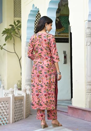 Anni Designer Women'S Cotton Blend Straight Printed Kurta With Pant & Dupatta (Kinara Peach_S_Peach_Small),Peach,S,Cotton Blend,Kinara Peach_1529,Kurta, Scarf
