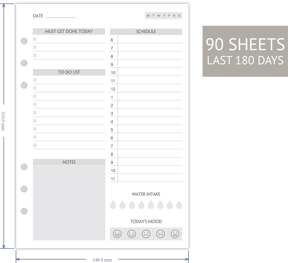 (Set of 90 Sheets) A5 To Do List Refill Paper, Undated Daily Schedule, Day Priorities, Notes and Water Tracker, 6-Hole Punches,