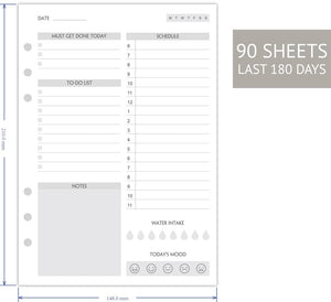 (Set of 90 Sheets) A5 To Do List Refill Paper, Undated Daily Schedule, Day Priorities, Notes and Water Tracker, 6-Hole Punches,