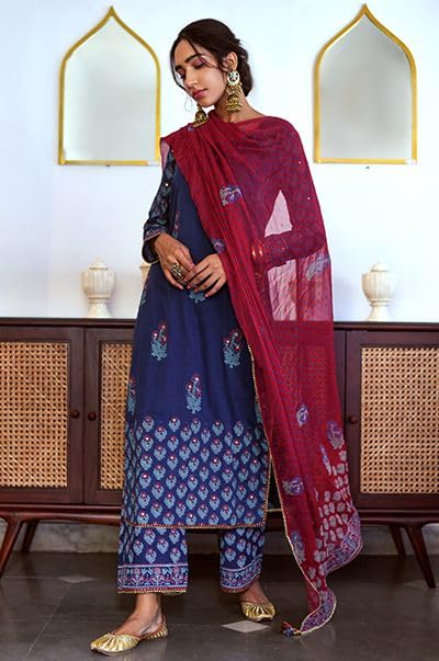 Anni Designer Women'S Rayon Blend Straight Printed Kurta With Pant & Dupatta (Masumi Blue_Xl_Blue_X-Large),Blue,XL,,,