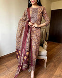 Anni Designer Women'S Rayon Blend Straight Printed Kurta With Pant & Dupatta (Maslona Maroon_L_Maroon_Large),Maroon,L,Rayon Blend,Regular,