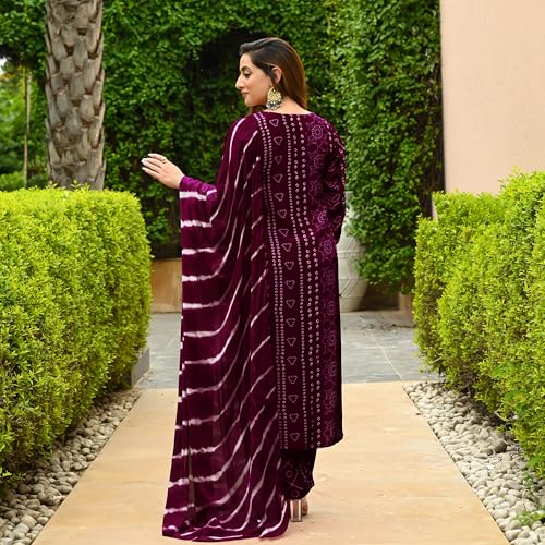 Anni Designer Women'S Rayon Blend Straight Bandhej Printed Kurta With Pant & Dupatta (Baghira Wine_3Xl_Wine_Xxx-Large),Wine,3XL,Rayon Blend,Regular,