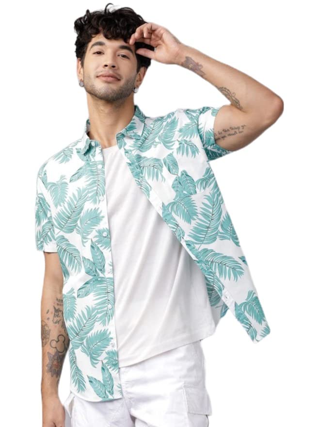 Anni Designer Men'S Cotton Blend Digital Printed Stitched Half Sleeve Shirt (Bwl White-Nw3_Xxl_White_Xx-Large),White-Multi,2XL